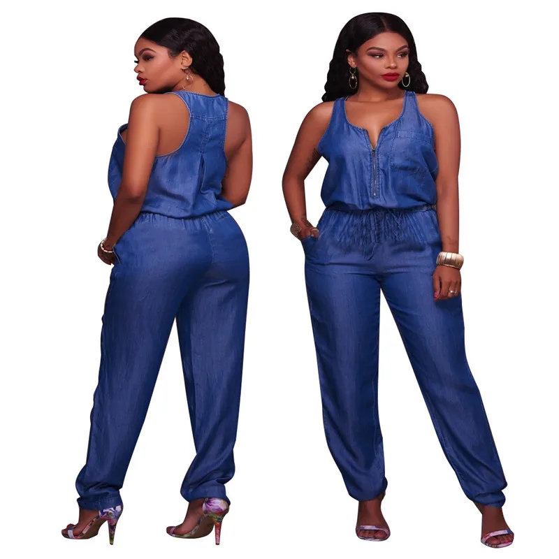 Special Design 2017 Popular Bodycon Denim Jumpsuit Women V Neck Full