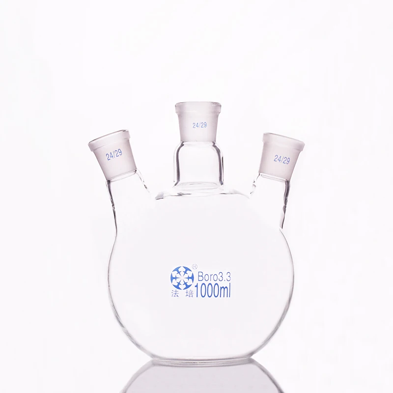 

Three-necked flask oblique shape,with three necks standard grinding mouth,Capacity 1000ml 24/29,Three-necked flat bottom flask