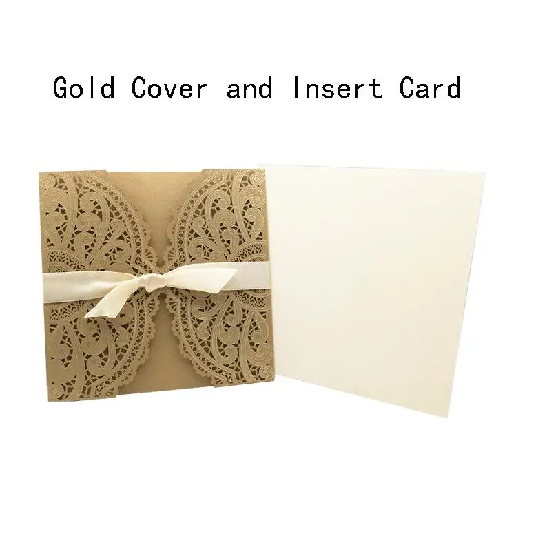 50 шт., 4 цвета, лазерная резка, свадебные пригласительные открытки, открытки на заказ с лентой, вечерние украшения на день рождения, свадьбу - Цвет: Gold Cover Insert