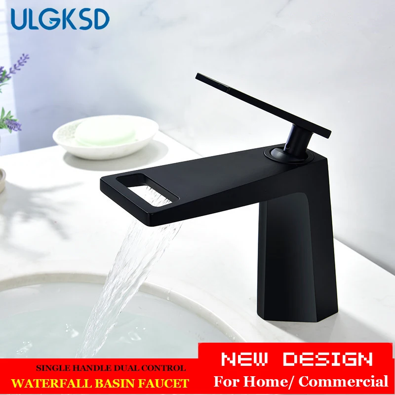 

ULGKSD black white bathroom basin faucet Hollow shape bath Waterfall faucets single handle water mixer tap