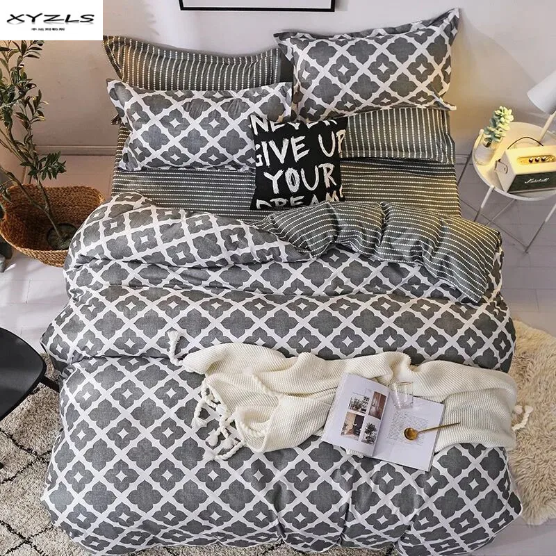 

XYZLS Modern Grey Geometric Bedding Set Polyester Duvet Cover Sets Soft Bed Linens Flat Bed Sheet Set Pillowcases