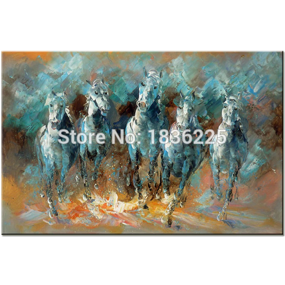 

Skilled Artist Handmade High Quality Turquoise Horse Oil Painting on Canvas Five Running Horses Knife Painting for Room Decor