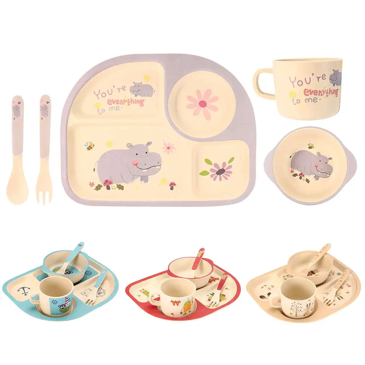4 Colors Baby Feeding Bowl Plate Dishes Fork Spoon Cup Children Tableware Bamboo Fiber Cartoon Separation Feeding Plate 5Pcs/Set 4 Colors Baby Feeding Bowl Plate Dishes Fork Spoon Cup Children Tableware Bamboo Fiber Cartoon Separation Feeding Plate 5Pcs/Set