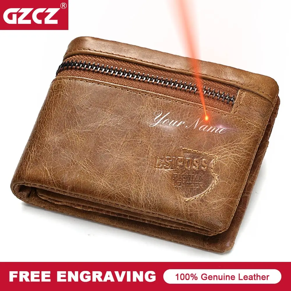 

GZCZ Real Men'S Genuine Leather Wallet Bifold Male Wallets Zipper Poucht Card Holder Purse High Quality Money Bag Portomonee