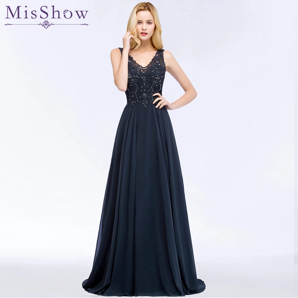 Sexy Double V-neck Evening Dress Long Robe De Soiree 2019 High Quality Navy Blue With Applique Evening Dresses Prom Formal Gown
