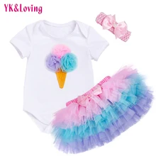 Комплект с юбкой-пачкой для малышей на день рождения; Летний комбинезон с короткими рукавами; юбка-американка; комплект одежды из 3 предметов для девочек; Новое поступление года