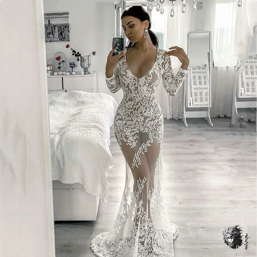 Luxurious White Lace Maxi Long Dress Lady Party Sexy V Neck See Through Bandage Gown Mermaid Floral Embroidery Mesh Vestidos