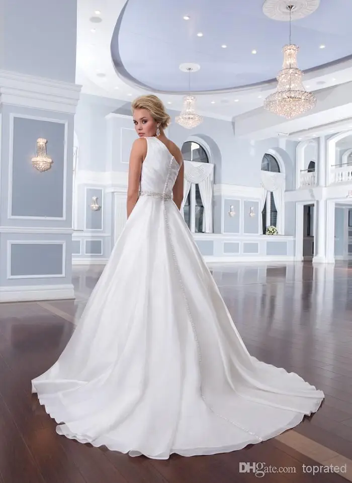  2015 New Classical Wedding Dresses Bridal Gowns With One Shoulder Neckline Back Covered Button A Line Beaded Organza White Court Train