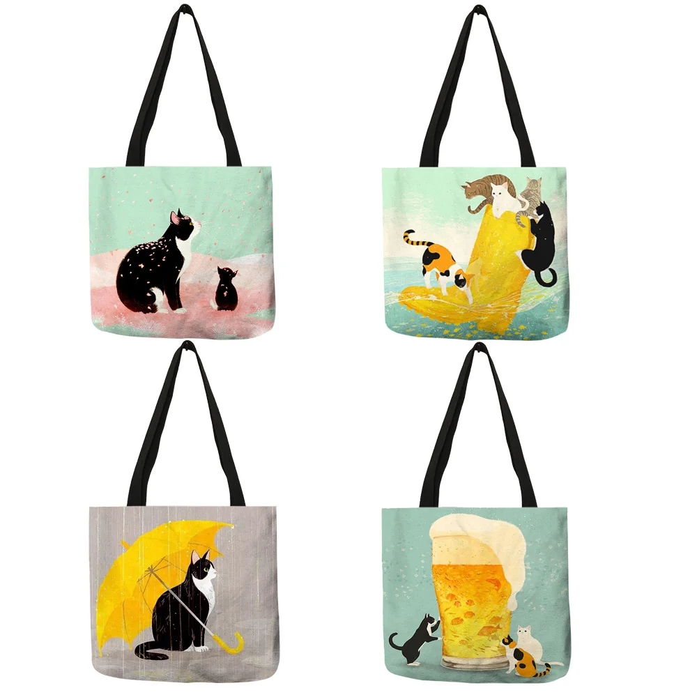 Customized Cartoon Cat Print Tote Bag For Women Reusable Shopping Bags Folding Travel School Bags Pouch