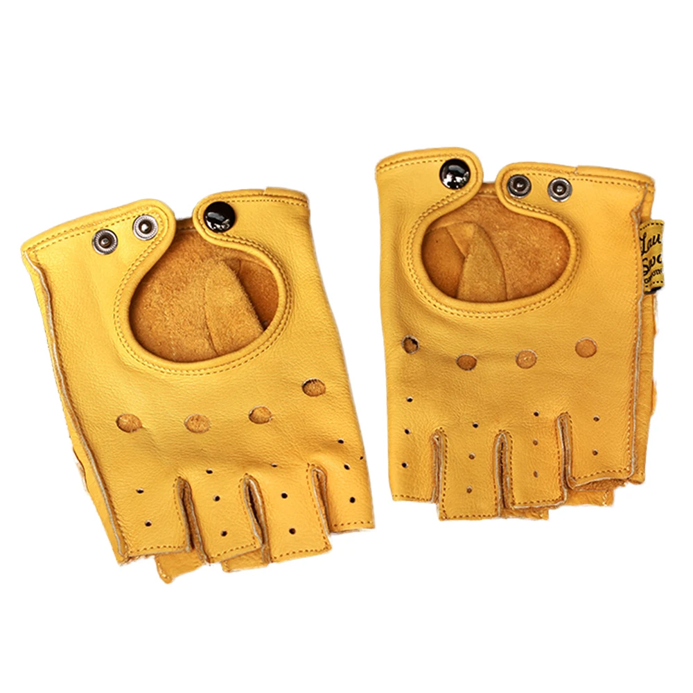 New Genuine Cowhide Leather Motorcycle Gloves Men Brown Retro Half