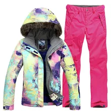 GSOU снег один двойной борт Для женщин лыжный костюм волосы воротник Термальность Водонепроницаемый ветрозащитная Лыжная куртка лыжные штаны Размеры xs-l