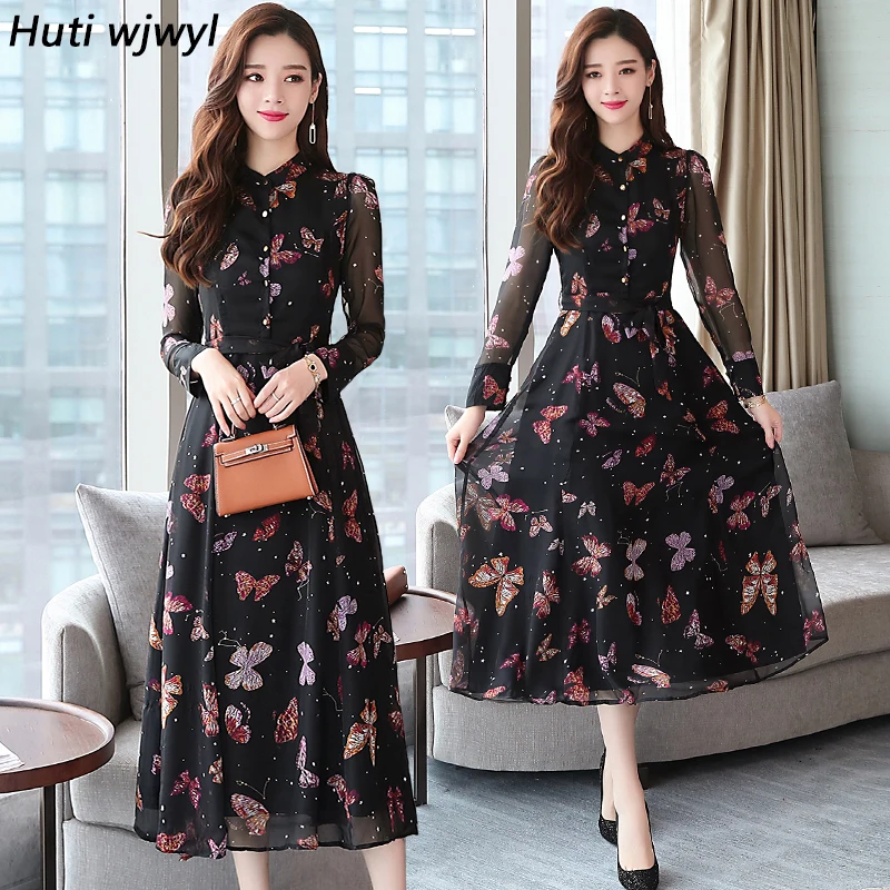 

Autumn Winter New Vintage Floral Chiffon Midi Dress XL Plus Size Dresses Boho 2019 Elegant Women Party Long Sleeve Maxi Vestidos