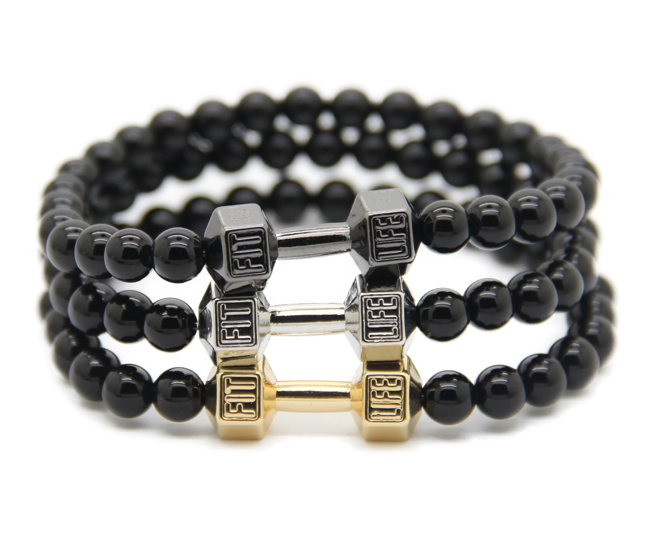 Ailatu 6mm Black Stone With Alloy Metal Dumbell Men's Fashion Energy