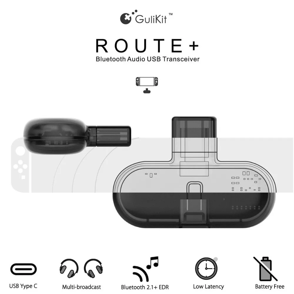 Gulikit Route + PRO Wireless CSR Bluetooth 2.1 + EDR Type-C USB Adapter Audio Transmitter Transceiver for Nintendo Switch