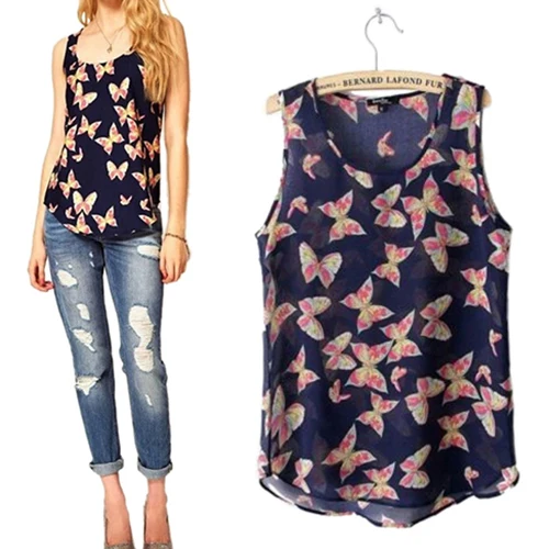 Hot Women s Butterfly Print Summer Chiffon font b Blouse b font Sleeveless font b Shirt