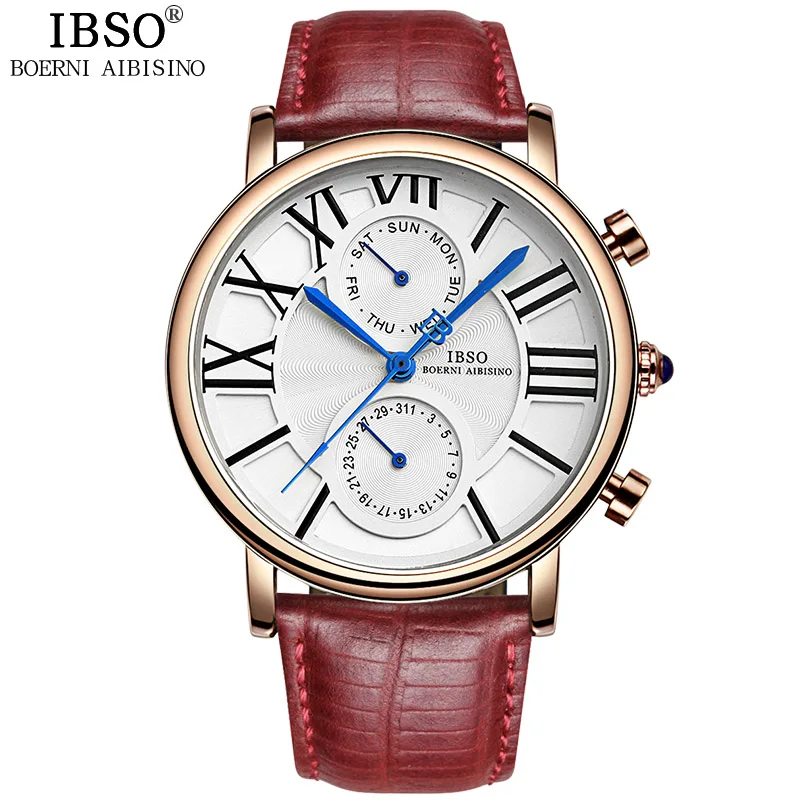 

IBSO Brand Genuine Leather Strap Woman Watches 2019 Complete Calendar Dress Ladies Watch Party Week Display Relogio Feminino