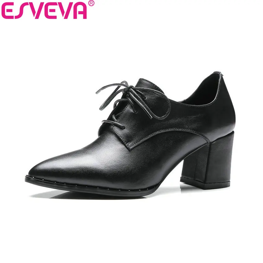 

ESVEVA 2018 Women Pumps Casual Square High Heels Pointed Toe Lace Up High Heels Cow Leather PU Fashion Ladies Shoes Size 34-39
