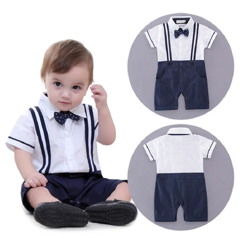 Boys Baby clothing Gentleman Rompers Dots Bow Straps Summer One Piece