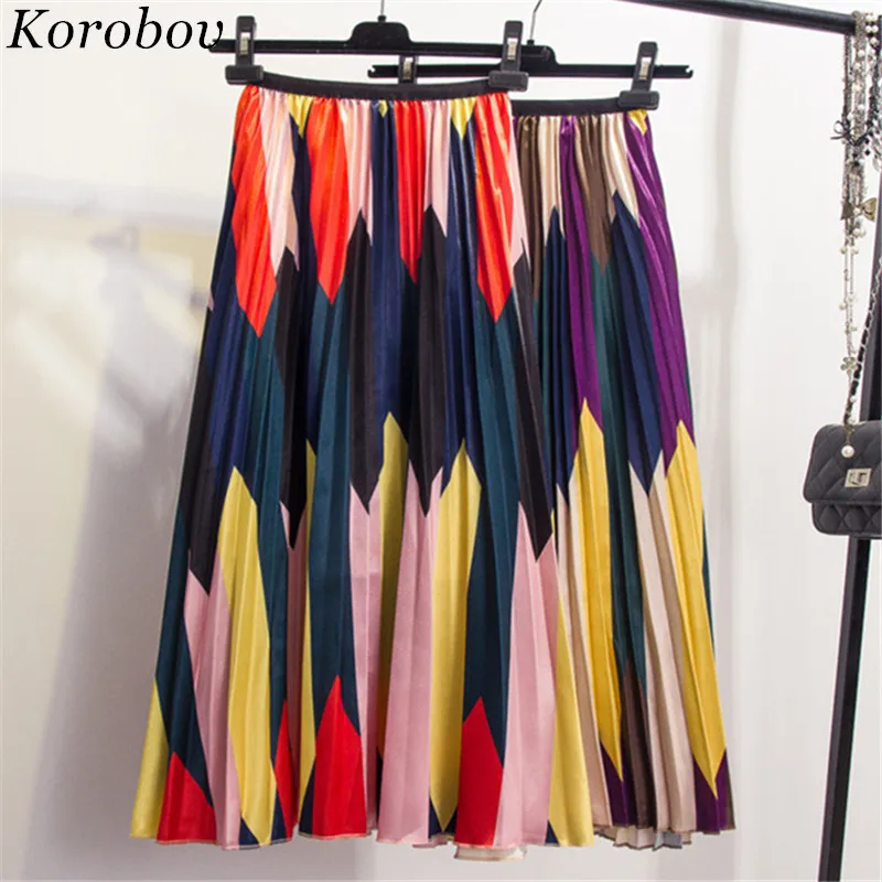 Korobov женская летняя юбка новая мода панелями полосатая плиссированная в стиле Сайи Лоскутная Корейская Falda Свободная Повседневная Женская юбка 76871