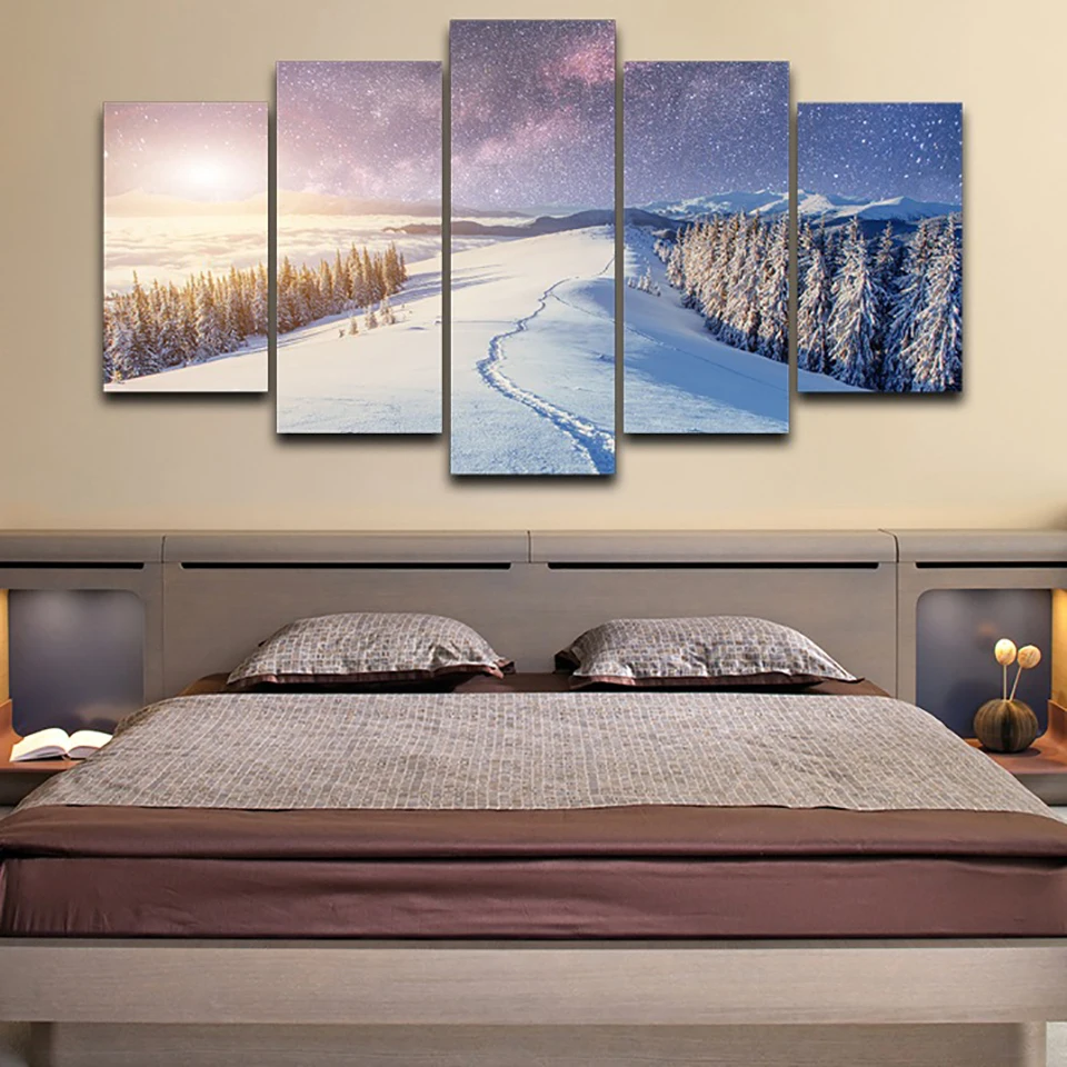 

Tableau Wall Art HD Printed Paintings Modular Pictures Canvas 5 Panel Snow Mountain Forest Scenery Home Decor Modern Posters