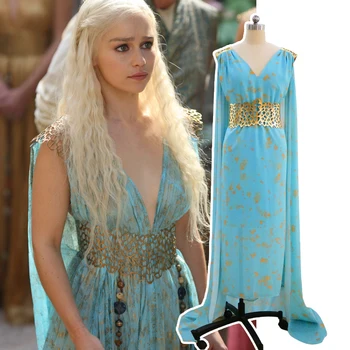

Fantastic TV series Game of Thrones Dragon Mother Daenerys Targaryen long blue Wedding Dress Costume Halloween party