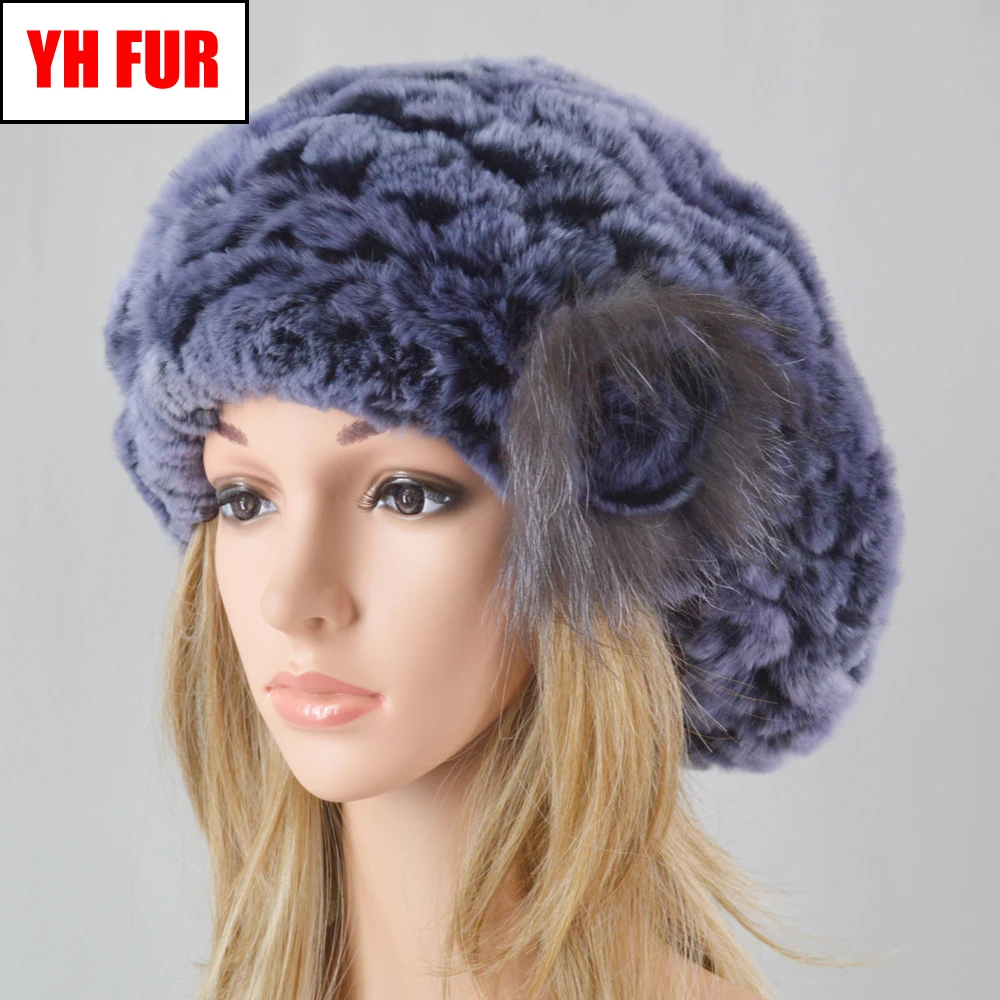 

New Women Real 100% Natural Rex Rabbit Fur Beret Hats Winter Warm Rex Rabbit Fur Caps Lady Handmade Knitted Floral Beanies Cap