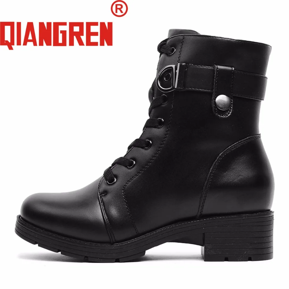

QIANGREN New Arrive Military Factory-Direct Women's Winter Genuine Leather Wool Black Snow Boots Ladies Madam Outdoors Botas