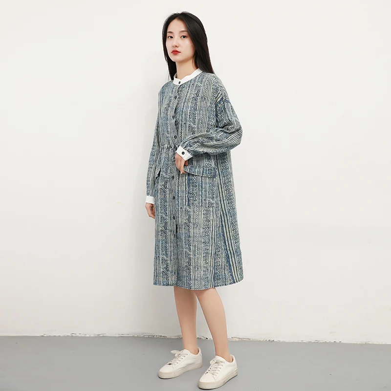 

Johnature Women Vintage Print Floral Dress Pockets Long Sleeve Patchwork Button 2019 Spring New Chinese Style A-Line Linen Dress