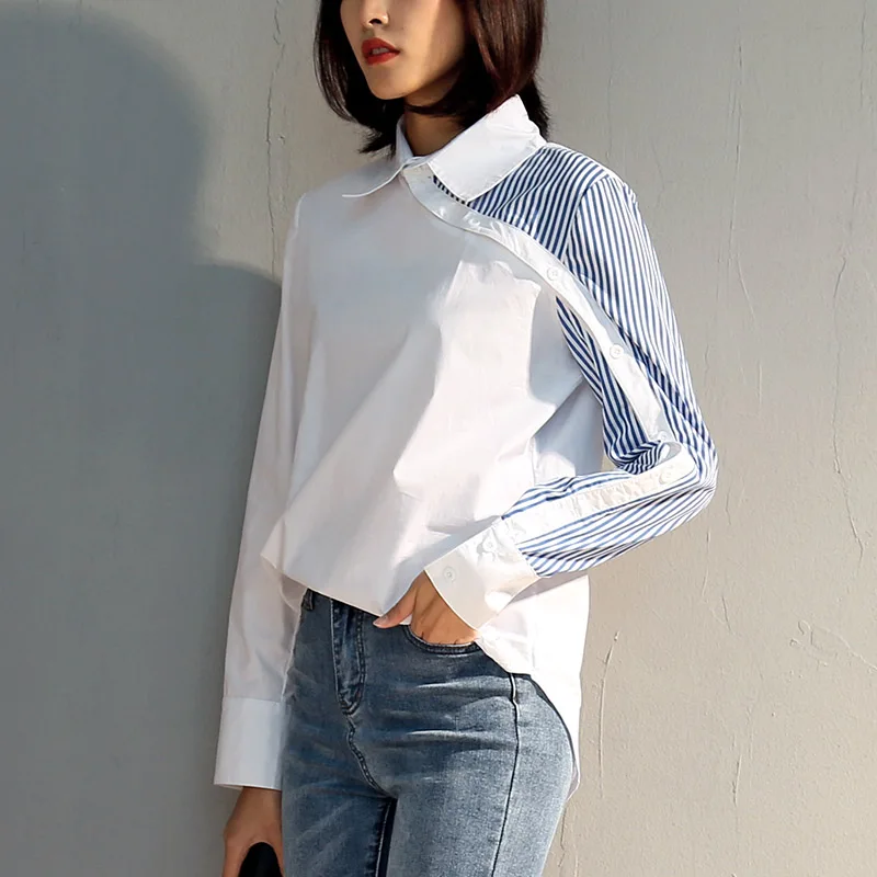  2019 spring new design irregular women blouse and shirts patchwork striped office lady casual slim 