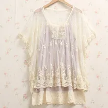 Mori Girl Кружево сетки вышитые элегантный основной Twinset футболка Для женщин Свободные Повседневное Kawaii Топы корректирующие Мори Лолита Gispy Костюмы туника