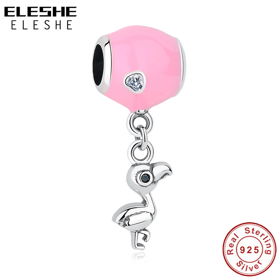 

ELESHE Fits Original Charms Bracelets 925 Sterling Silver Flamingo Bird Beads Pave CZ Pink Enamel Pendant Charms Jewelry Making