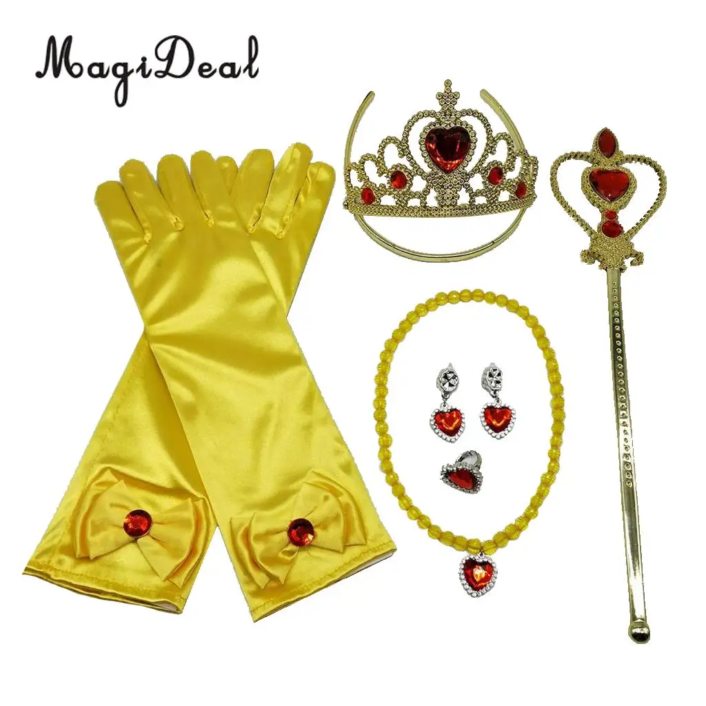 Princess Belle Dress Costume Accessory Glove Wand Tiara Jewerly Set Yellow/Blue/Pink/Purple