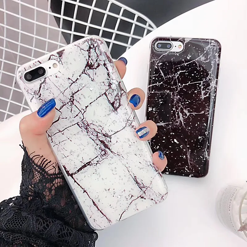 White Black Marble Paint Pattern Back Cover TPU Bling Glitter Shell Shining Pink Soft Couple Cute Phone Case for iPhone6 6S 7 7S 8 X plus
