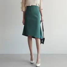 До колена однотонные зеленый Для женщин смещения юбки элегантный женский Высокая Талия Офисные женские туфли Асимметричный Vestido женская одежда 185004