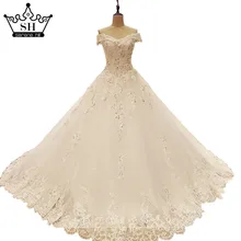 Sexy Off Shoulder Sequins Lace Ball Gown Wedding Dresses with Bow Lace Up Bridal Gown Dubai Luxury Robe De Noiva Real Picture