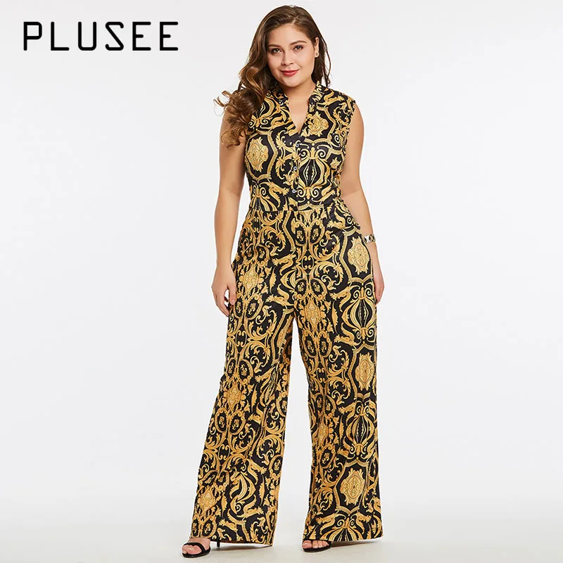 

Plusee Jumpsuit Plus Size 4XL 5XL Women 2017 Golden Slim Wide Legs Geometric Color Block Button Pocket Print Plus Size Jumpsuit