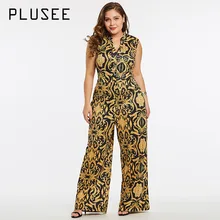 Plusee Jumpsuit Plus Size 4XL 5XL Women 2017 Golden Slim Wide Legs Geometric Color Block Button Pocket Print Plus Size Jumpsuit plus size plain loose wide legs jumpsuit