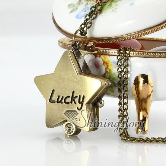 

Brass bronze copper and crystal rhinestone antique style star pocket watch pendant long chain necklaces for men and women