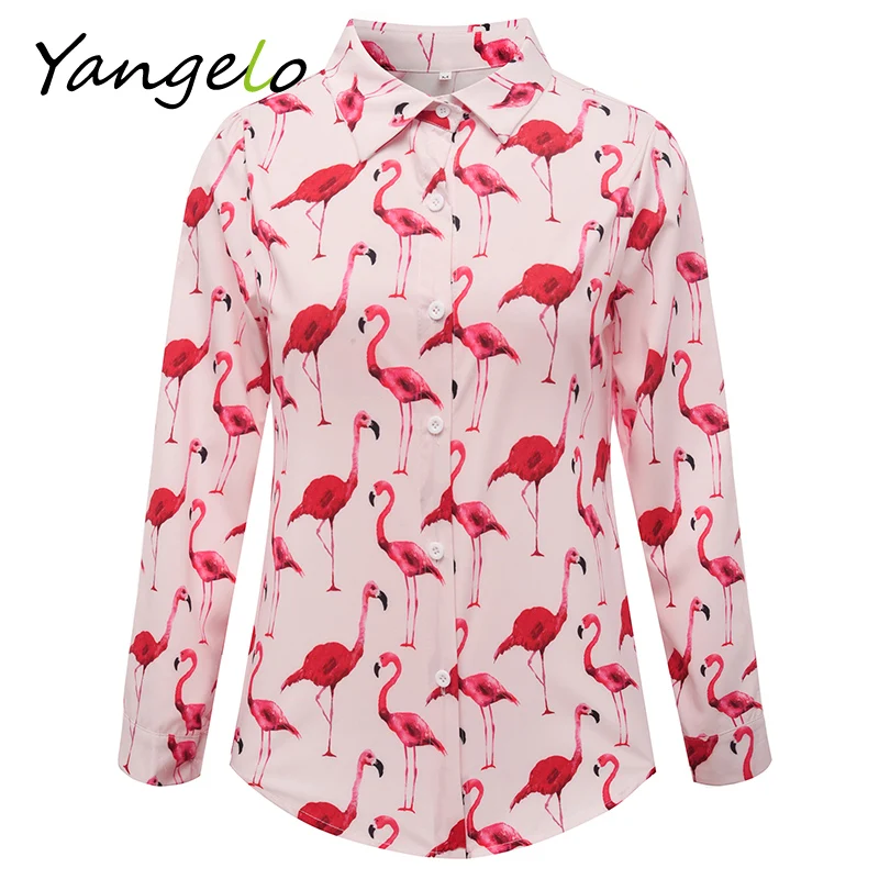 2018 Summer Flamingo Printing Long Sleeve women tops shirt women blusas