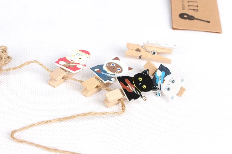 10 Pcs/Set Cute Guitar Cat Wooden Clip Photo Paper Clothespin Craft Clips Party Decoration Clip with Hemp Rope