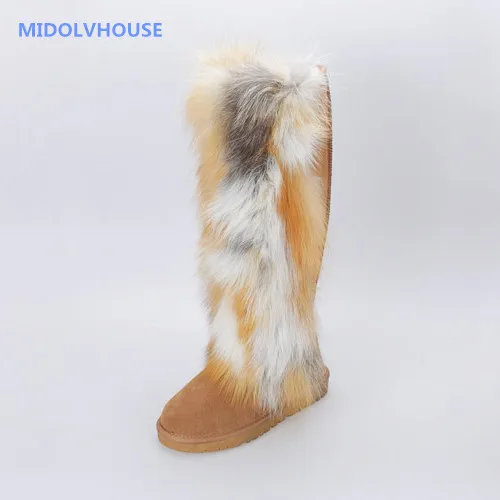 MIDOLVHOUSE Exclusive custom new fashion real natural color large fox fur snow boots for women high boots winter flat boots sh