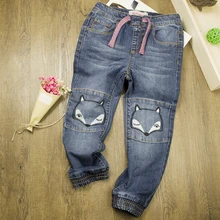 Джинсы для маленьких девочек; штаны с рисунком лисы; брюки для маленьких девочек; Детские повседневные штаны для девочек; Лоскутная джинсовая одежда для детей