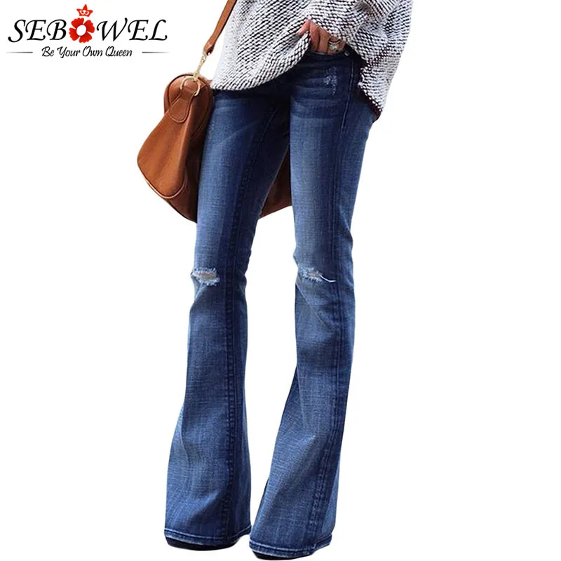 

SEBOWEL Woman's Ripped Blue Distressed High Waist Jeans Pants 2019 Female Vintage Denim Broken Holes Flared Jeans S-XXL Pants