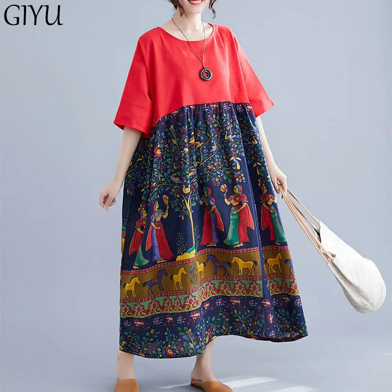

New Arrival 2019 Summer Vintage Cotton Maxi Dress Women Plus Size 4XL 5XL 6XL Art Ethnic Printed Vintage Linen Sundress Vestidos