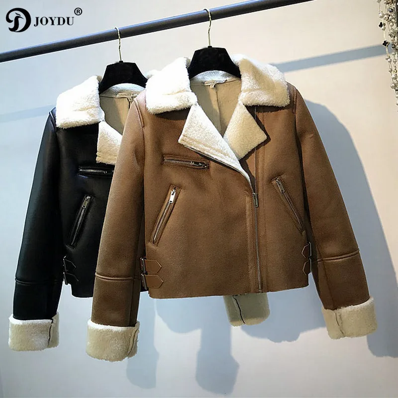 

JOYDU 2018 Best Quality Winter Women Coat PU Leather Thick Fleece Fur Inside Jacket Lapel Zipper Buckle Short Chic Jackets Coats