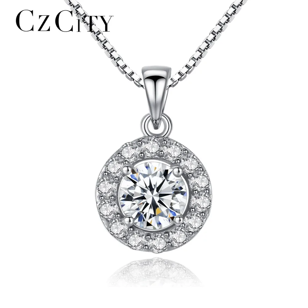 CZCITY Office Lady Genuine 925 Sterling Silver Chain Necklace AAA CZ Cubic Zirconia Round Pendant Necklace