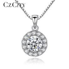 CZCITY Office Lady Genuine 925 Sterling Silver Chain Necklace AAA+ CZ Cubic Zirconia Round Pendant Necklace Fine Jewelry Brand