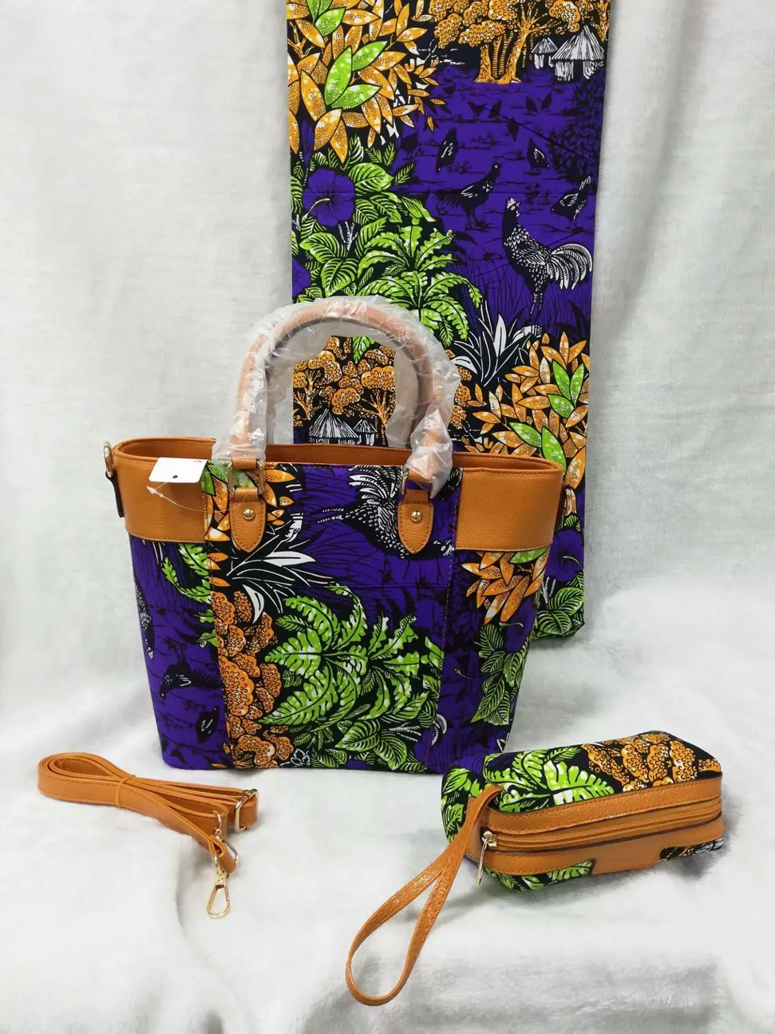 

6Yards Nice looking chicken printed pattern hollandais batik wax match african blue big handbag set for party WB38