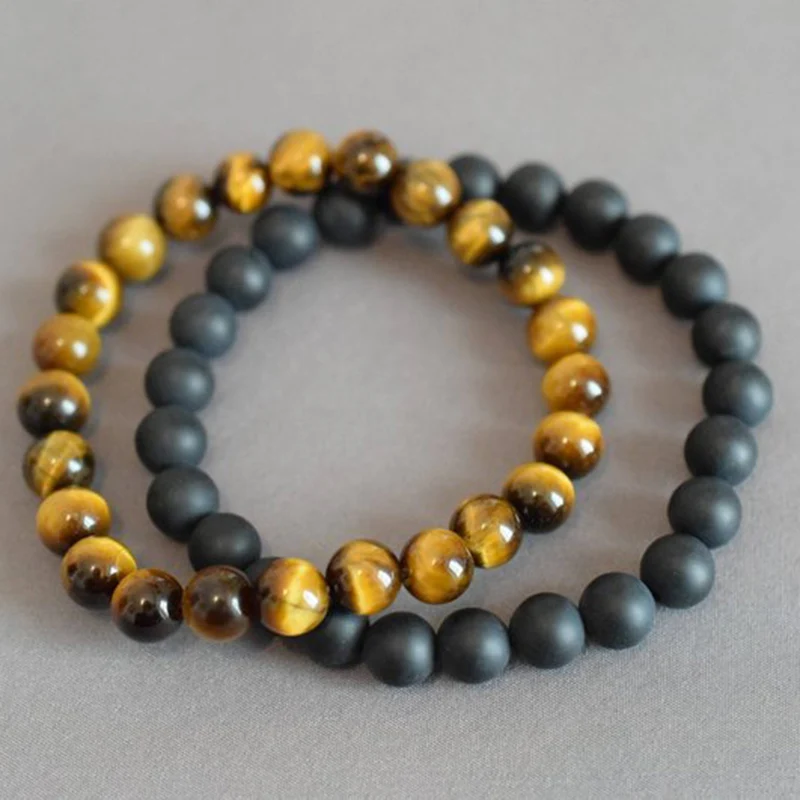 

Set Of 2 Bracelet 8mm Matte Black Onyx & Tiger Eye Beaded Mala Bracelet Mens Stacking Bracelets Yoga Gift For Boyfriend