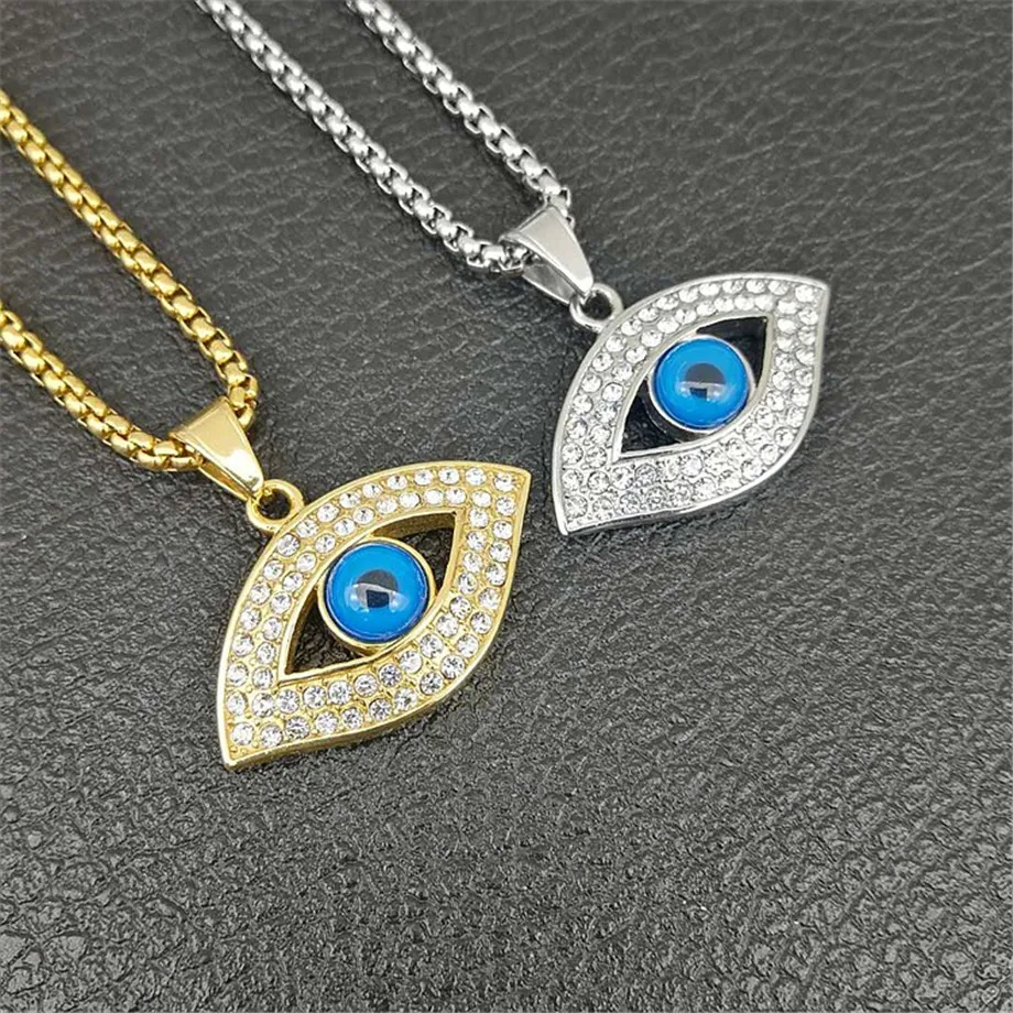 

Turkish Eye Pendant With Stainless Steel Chain And Iced Out Bling Rhinestones Amulet Necklace Hip Hop Turkish Jewelry
